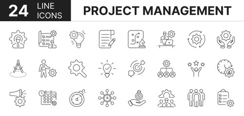Collection of 24 project management line icons featuring editable strokes. These outline icons depict various modes of project management, business, plan, strategy, development, 