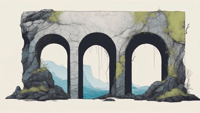 recommend clip art: A minimal and strange illustration of an ancient stone archway with moss