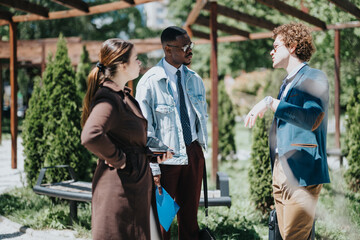 A diverse group of businesspeople engage in a lively discussion at an outdoor meeting in an urban park, sharing ideas and strategies under the sun.