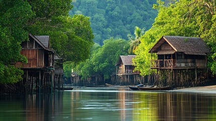 Fototapeta premium A wide shot of a traditional village on stilts over water, surrounded by exotic mangrove forests