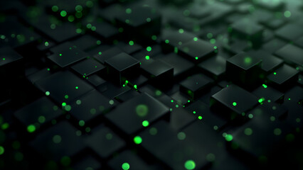 3D abstract tech background with black cubes and green glowing lights