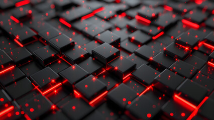 3D abstract tech background with black cubes and red glowing lights