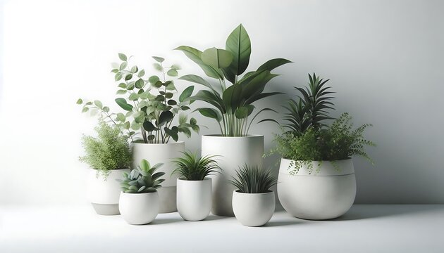 a row of potted plants are on a shelf with a white potted plant.