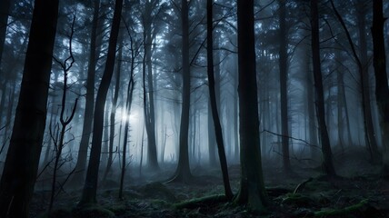 Foggy moonlit scary forest at night, haunted dark woods halloween background