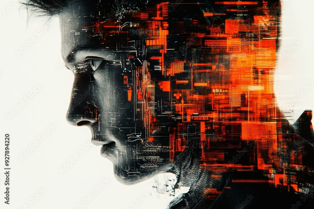 Aufkleber mans face merging with a vibrant digital matrix depicting the fusion of human intelligence with arti