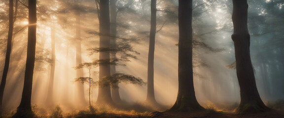 The early morning sun breaks through the dense fog of an ancient forest, with rays of light piercing