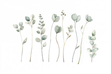 Watercolor eucalyptus branches, multicolored on a white background. Botanical illustration with copy space. Design for wallpaper, poster, greeting card, invitation, and postcard