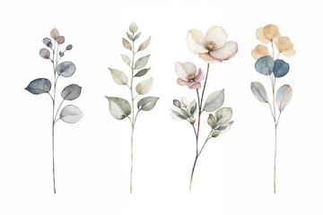 Watercolor eucalyptus branches, multicolored on a white background. Botanical illustration with copy space. Design for wallpaper, poster, greeting card, invitation, and postcard