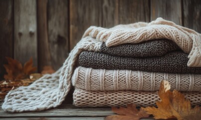 Knitted sweaters in warm autumn shades on a rustic wooden background
