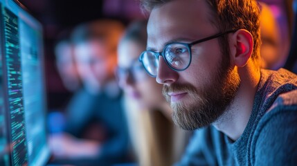 Un professionista in cybersicurezza concentra la sua attenzione su un monitor illuminato da codici blu, riflessi nei suoi occhiali, mentre lavora con il suo team in un ambiente ad alta tecnologia. Il
