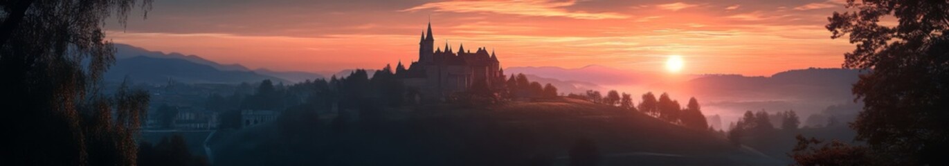 Obraz premium Sunset Over the Enchanted anime-style Ancient Castle: A Magical Historical Drama Landscape for Castle Tourism and Storytelling