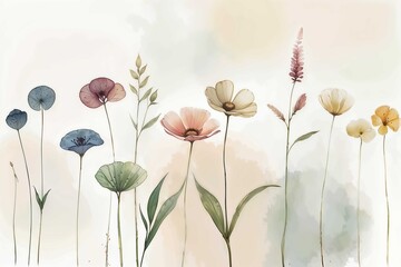 Collection of  multicolored watercolor wildflowers and leaves on a white background. Botanical illustration with copy space. Design for wallpaper, poster, greeting card, invitation, and postcard