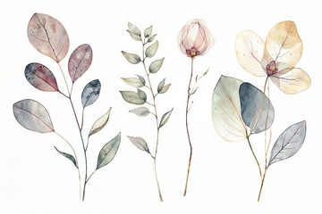 Collection of  multicolored watercolor wildflowers and leaves on a white background. Botanical illustration with copy space. Design for wallpaper, poster, greeting card, invitation, and postcard