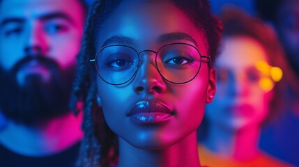 Ritratto ravvicinato di una giovane donna afroamericana con occhiali, immersa in luci al neon multicolori. L'immagine celebra la bellezza, l'inclusività e la forza espressiva.