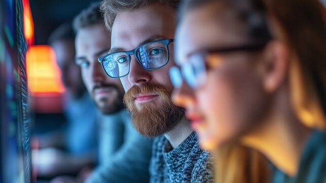 Un professionista in cybersicurezza concentra la sua attenzione su un monitor illuminato da codici blu, riflessi nei suoi occhiali, mentre lavora con il suo team in un ambiente ad alta tecnologia. Il