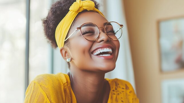 Ritratto di una giovane donna sorridente, immersa in un ambiente accogliente e luminoso. Il suo sorriso spontaneo e i capelli mossi trasmettono un senso di felicit&agrave; e naturalezza.