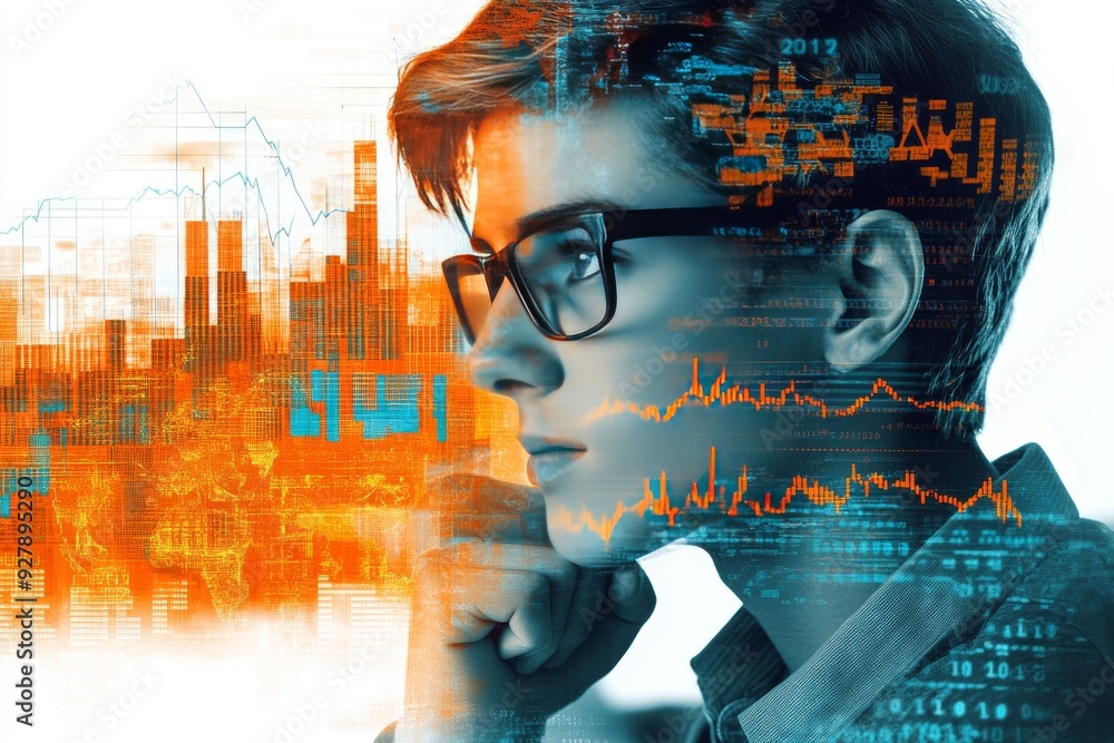 Poster mans face merging with a digital cityscape exploring the interaction between urban life and personal