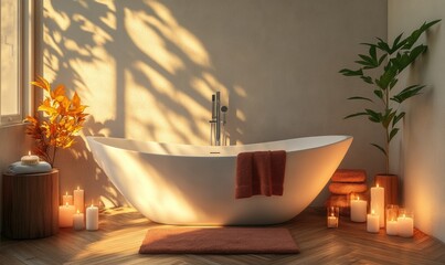 Modern Scandinavian bathroom with a wooden floor, autumn-colored towels, and candles around the tub