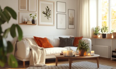 Modern Scandinavian living room with a white sofa, wooden floor, autumn-themed decor and candles on the coffee table