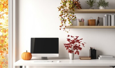 Fototapeta premium Modern home office with a sleek white desk, wooden shelves, autumn-inspired decor