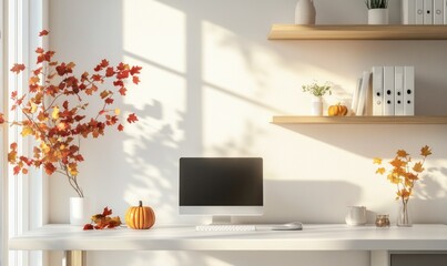 Modern home office with a sleek white desk, wooden shelves, autumn-inspired decor