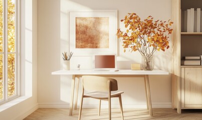 Modern home office with a sleek white desk, wooden shelves, autumn-inspired decor