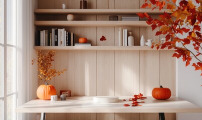 Modern home office with a sleek white desk, wooden shelves, autumn-inspired decor