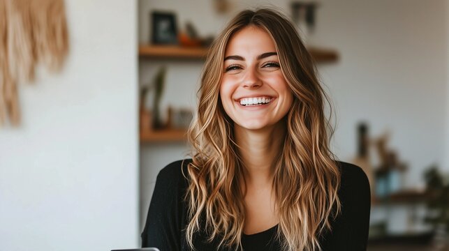 Ritratto di una giovane donna sorridente, immersa in un ambiente accogliente e luminoso. Il suo sorriso spontaneo e i capelli mossi trasmettono un senso di felicit&agrave; e naturalezza.
