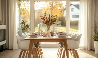 A dining room with a light wooden table, white chairs, and a centerpiece of autumn foliage and candles