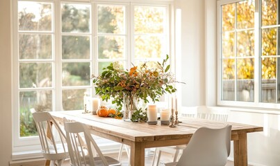 A dining room with a light wooden table, white chairs, and a centerpiece of autumn foliage and candles