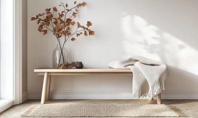 Scandinavian entryway with a light wooden bench, autumn leaves in a vase, a cozy throw blanket