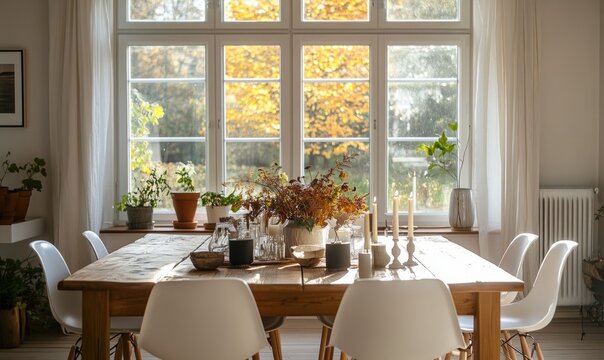 A dining room with a light wooden table, white chairs, and a centerpiece of autumn foliage and candles