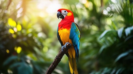 Obraz premium A close-up of a vibrant exotic bird with colorful feathers perched on a branch in a tropical jungle