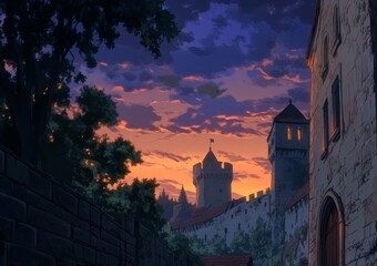 Sunset Over the Enchanted anime-style Ancient Castle: A Magical Historical Drama Landscape for Castle Tourism and Storytelling