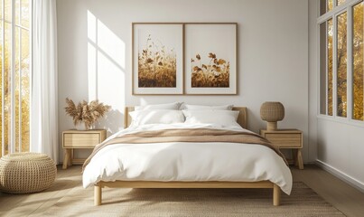 Simple bedroom with a white bed, light wooden nightstands, and autumn-themed artwork on the walls