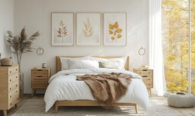 Simple bedroom with a white bed, light wooden nightstands, and autumn-themed artwork on the walls