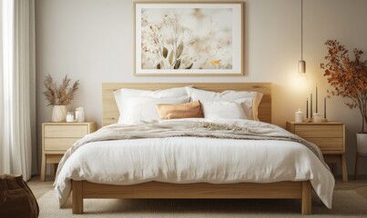 Simple bedroom with a white bed, light wooden nightstands, and autumn-themed artwork on the walls