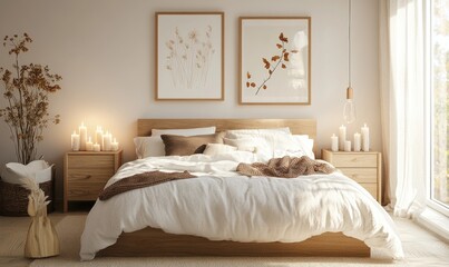 Simple bedroom with a white bed, light wooden nightstands, and autumn-themed artwork on the walls