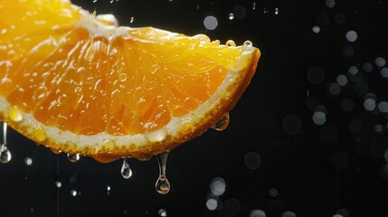 Fresh juicy orange fruit slice closeup macro view with texture and juice dripping