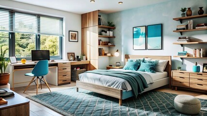 Teenage bedroom interior with stylish furniture and beautiful decor elements