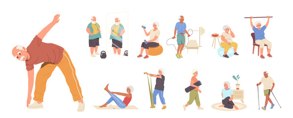 Senior people cartoon characters doing sport practicing yoga enjoying aerobic and gymnastics set