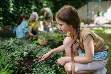 Kids taking care of plants in school garden during at outdoor sustainable education class. Concept...