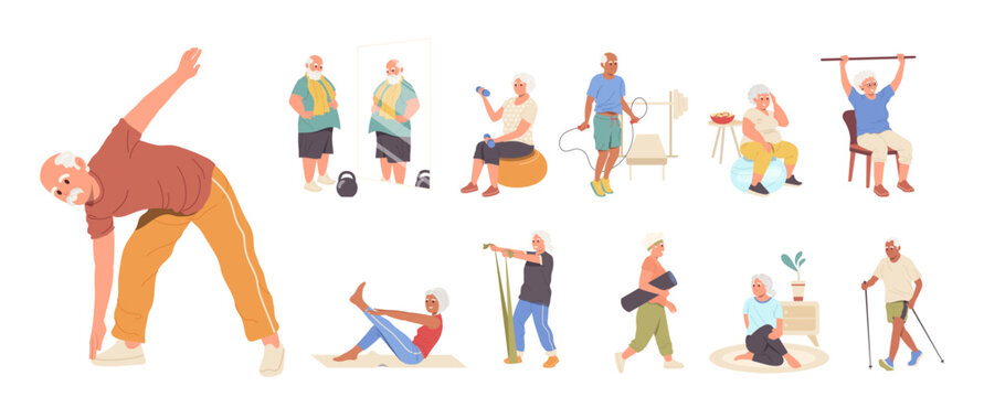 Senior people cartoon characters doing sport practicing yoga enjoying aerobic and gymnastics set