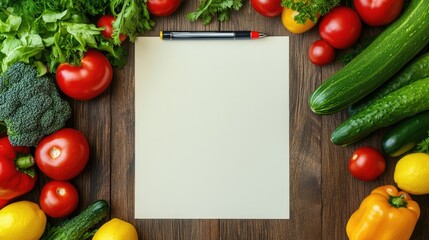 A blank diet plan sheet with a pen, surrounded by fresh vegetables, with space for copy or logos.