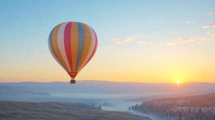 Fototapeta premium Colorful hot air balloon flying over misty landscape at sunrise.