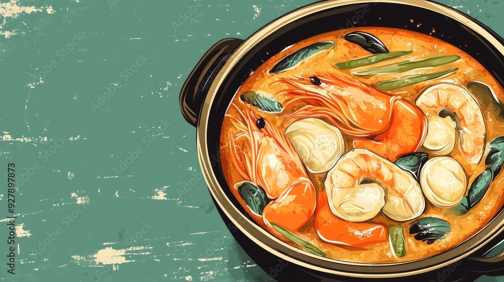 Poster a clean vector of a seafood stew with chunks of fish and vegetables, set against a simple background