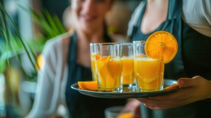 Waitress holding a plate of orange juice glasses