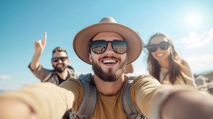 Obraz premium Group of friends taking a selfie on the beach, summer vacation.