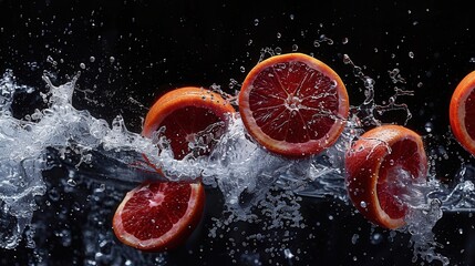 Fresh blood orange fruit with water splash closeup view