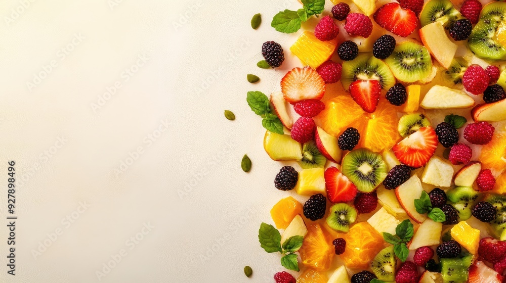 Poster a colorful fruit salad arranged in a fun pattern, with ample space for text or branding on the side.